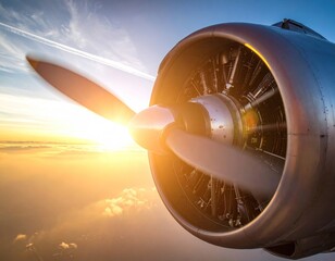 Close-up of spinning plane propeller against bright sunrise