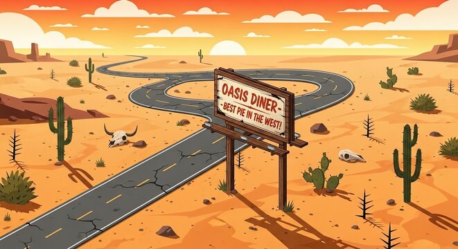 Oasis Diner billboard on a winding desert highway at sunset.