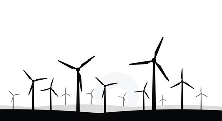A panoramic silhouette of numerous wind turbines standing tall against a bright white sky with subtle grey circular accents