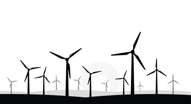 A panoramic silhouette of numerous wind turbines standing tall against a bright white sky with subtle grey circular accents