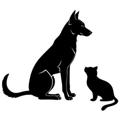 Black silhouette of a dog and a cat sitting and looking at each other