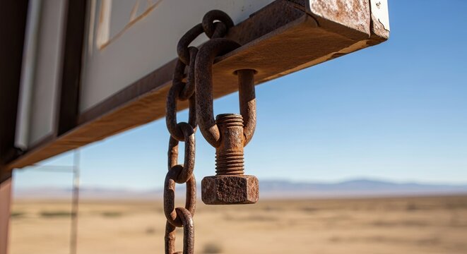 Rusty metal bolt and chain hanging from a beam in the desert. - Powered by Adobe