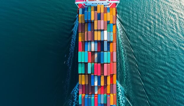 Top view of a container ship at full capacity nearing the port, loading and unloading at the seaport, freight transportation, shipping, logistics
