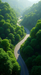 Aerial view of a winding road through a lush green forest landscape