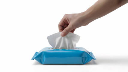 Hand Pulling Wet Wipe from Blue Package on White Background