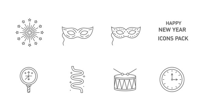 Hand drawn New Year celebration icons pack with festive elements.