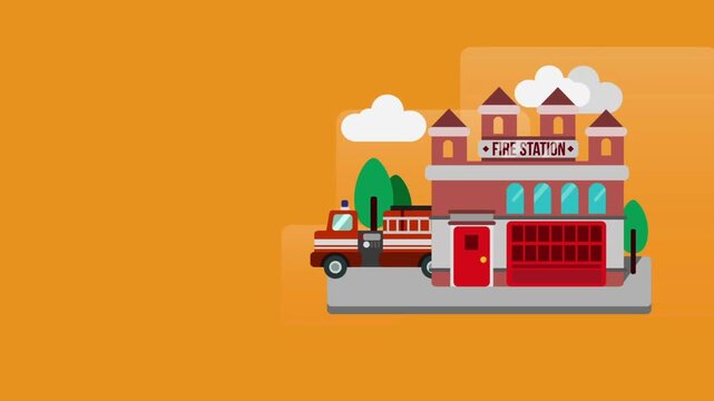 Cartoon Fire Station with Red Fire Truck and Orange Background building emergency