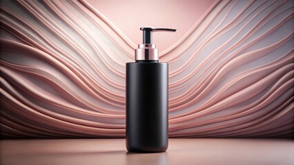 Elegant black pump bottle on a flowing pink backdrop, showcasing luxury and sophistication