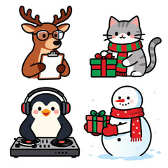 Cute Christmas animal sticker set with cat, reindeer, and penguin, holiday vector illustration.
