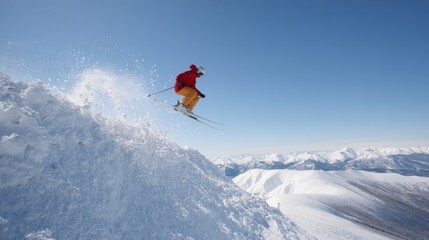 Skier Performing Jump On Snowy Mountain Slope. Thrilling Winter Sports Adventure