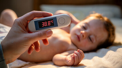 Parent Checking Baby&rsquo;s Temperature with Digital Thermometer