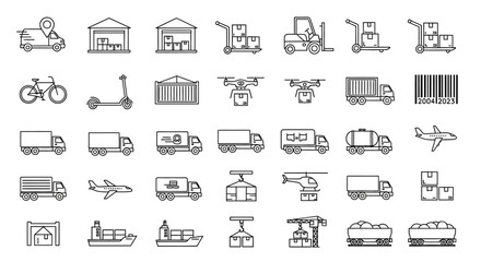 Collection of various transportation and industry icons in a flat line style on a white background.
