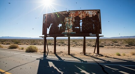 Weathered Billboard in Desert Landscape Under Bright Sun.