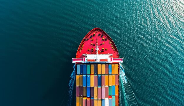 Top view of a container ship at full capacity nearing the port, loading and unloading at the seaport, freight transportation, shipping, logistics
