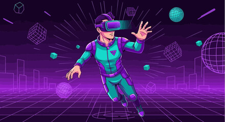 Immersive virtual reality experience with futuristic interface and retro aesthetic theme