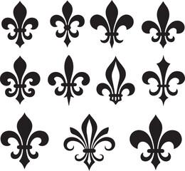 Collection of decorative fleur de lis symbols in black on white background © png stock