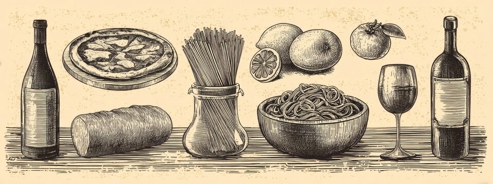 A collection of charming doodles showcases Italian delights like pizza, pasta, fresh tomatoes, and lemons. Perfect for igniting culinary creativity and celebrating Italian cuisine
