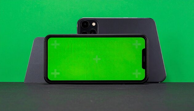 Two cellphones with green screens suitable for showcasing mobile app designs, digital mockups, and technology concepts in presentations and marketing materials.
