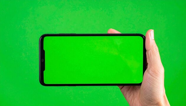 Hand holding smartphone with bright green screen background, suitable for tech communication concepts in digital design marketing.