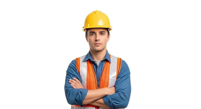 Construction worker wearing hard hat and safety vest standing with arms crossed on white background