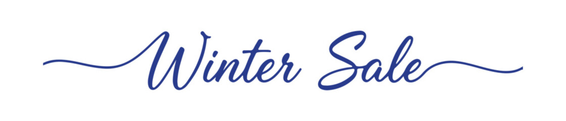 Handwritten blue 'Winter Sale' text in elegant script calligraphy with decorative swashes, perfect for seasonal advertising, banners, promotions, and retail design. Isolated on a white background