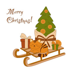 Cute Christmas cat illustration with gifts and decorated tree on sled. PNG with transparent background for cards, prints, packaging, and festive designs.