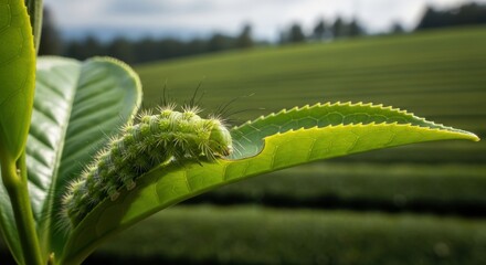 Caterpillar Grazing on a Green Leaf A Macro View of Nature's Tiny World within the Tea Plantation