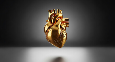 Gleaming golden anatomical heart sculpture floats on reflective surface anatomy human