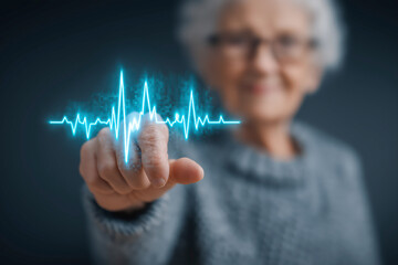 Smiling Senior Caucasian Woman Pointing to a Holographic Blue EKG Heartbeat Line Demonstrating Health Monitoring Technology