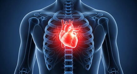 Glowing red human heart within a translucent blue rib cage and skeletal structure body anatomy