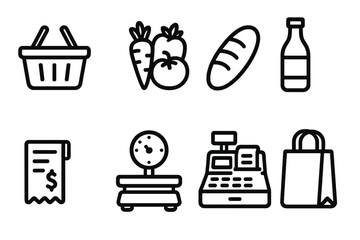Supermarket essentials linear icon set. featuring basket, vegetables, bread, milk, receipt, scale, register, and bag icons