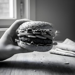 Vegan burger with beetroot patty, lettuce, avocado, and tomato on a whole wheat bun