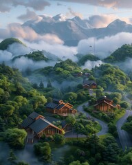 Fototapeta premium Scenic Mountain Village with Traditional Wooden Houses Amidst Misty Green Hills