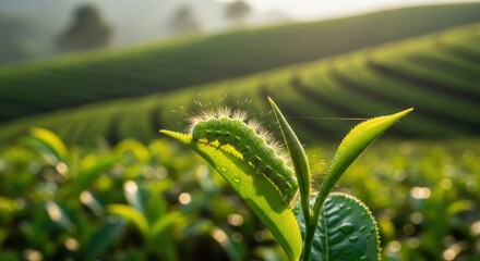 A vibrant green caterpillar, sparkling with dew, rests peacefully on a fresh tea leaf, bathed in the gentle glow of morning sun across a lush tea plantation