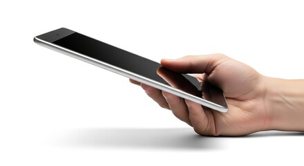 Hand holding tablet device for digital reading and mobile app usage on white background for technology