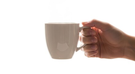 White coffee mug mockup held by hand on white background for hot drink or beverage design template stock photo