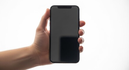 Stock photo of hand holding black screen smartphone for mobile app design and user interface mockups
