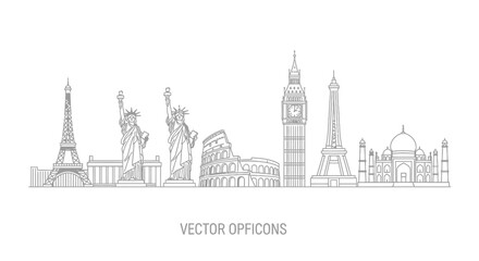 Fototapeta premium Linear vector icons of famous world landmarks and monuments.