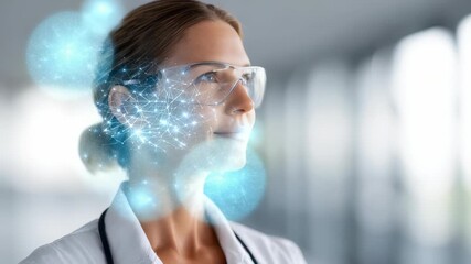 A woman medical professional wearing smart glasses stands in a bright hospital, with a glowing neural network graphic overlay on her head. The image represents AI integration in healthcare innovation - Powered by Adobe