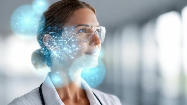 A woman medical professional wearing smart glasses stands in a bright hospital, with a glowing neural network graphic overlay on her head. The image represents AI integration in healthcare innovation - Powered by Adobe