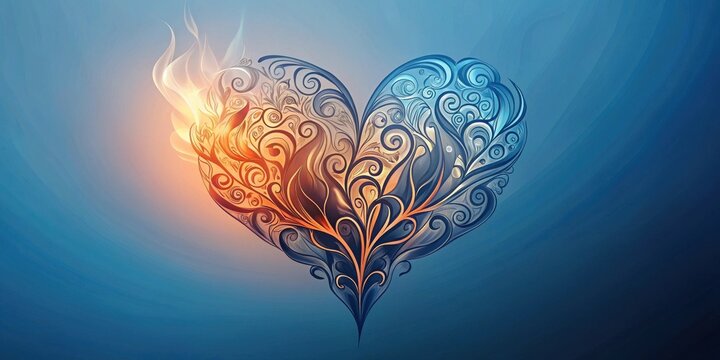 Abstract heart design with swirling floral patterns and fiery accents against a serene blue backdrop