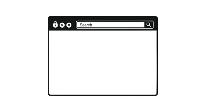 Black and white illustration of a web browser window with a search bar and navigation icons on a white background