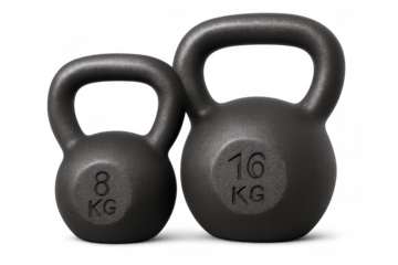 Two classic cast iron kettlebells, 8 kg and 16 kg, on transparent background, representing strength and conditioning workout equipment