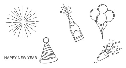 New Year Celebration Festive Elements Fireworks Champagne Balloons Party Hat.