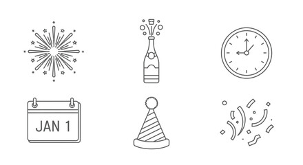 New Year Celebration Icons - Fireworks, Champagne, Clock, Calendar, Party Hat, Confetti.