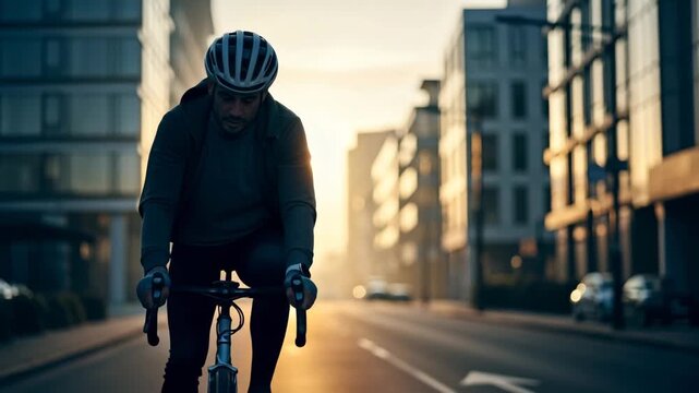 Cyclist riding a bike on a city street at sunrise. Man commuting in an urban environment with golden lens flare. Healthy and active lifestyle concept