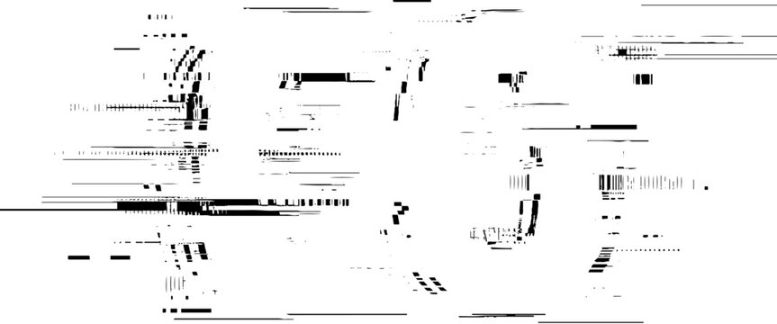 black and white glitch noise texture vector broken transmission. Glitch background. Abstract screen with noise effect. Glitchy noisy background texture with distorted screen pixel overlay effect.