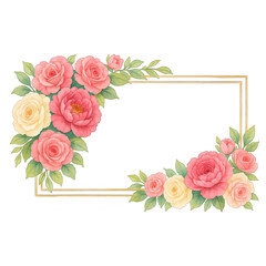 Pink rose flower frame with green leaves and soft colors