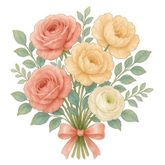 Soft pastel roses bouquet with green leaves and pink ribbon