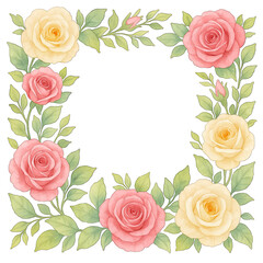 Watercolor floral frame with pink and yellow rose flowers